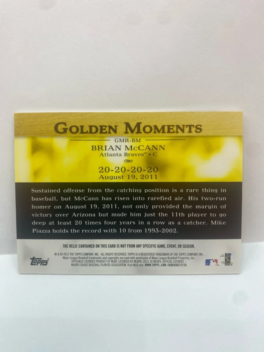 2012 Topps Gooden Moments Relics Brian McCann Yankees #GMR-BM (054) - Picture 2 of 2